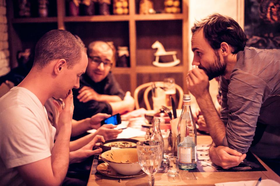 “Afterparty” dinner at a Georgian cuisine restaurant. Colin Bigelow (left), Clint Fuhs (background), Dmitry Baranov (right)